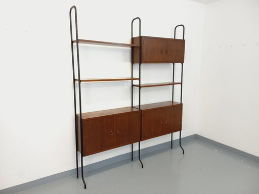 Vintage Italian double modular bookcase in wood and metal from the 60s