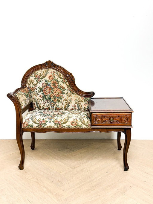 Vintage phone book, gossip bench with flowers
