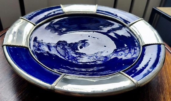 Antiker marokkanischer Wandteller mit massivem Silberrand – Wanddekoration, Ceramic, Silver (photo 3 of 12)