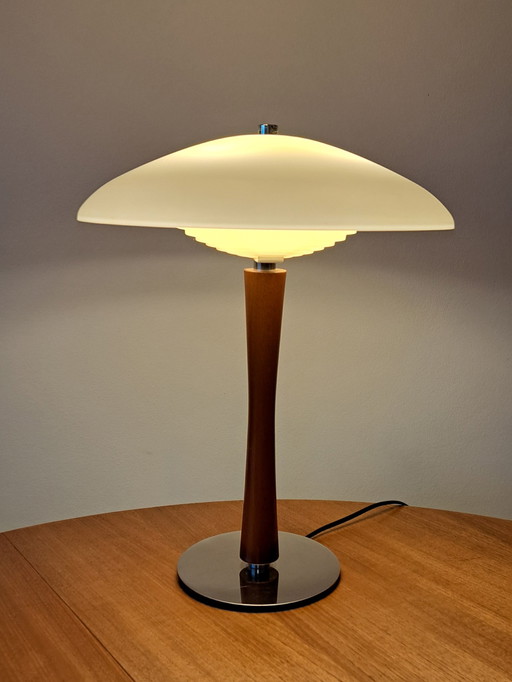 Mid-Century Modern Teak Table Lamp – 1960s – Opal Acrylic Shade – French MCM Design