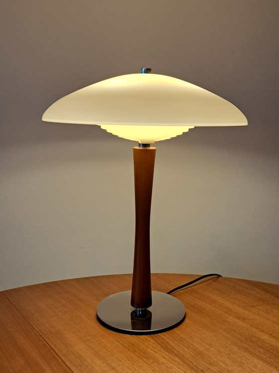 Image 1 of Mid-Century Modern Teak Table Lamp – 1960s – Opal Acrylic Shade – French MCM Design