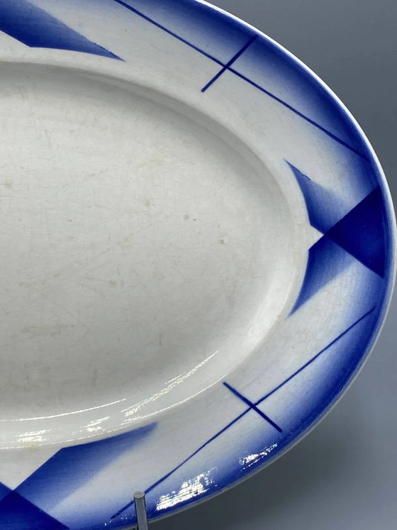 Digoin Sarreguemines Oval Faience Platter, Artix Collection, Cobalt Blue Geometric Design, Art Deco Airbrush (photo 3 of 6)