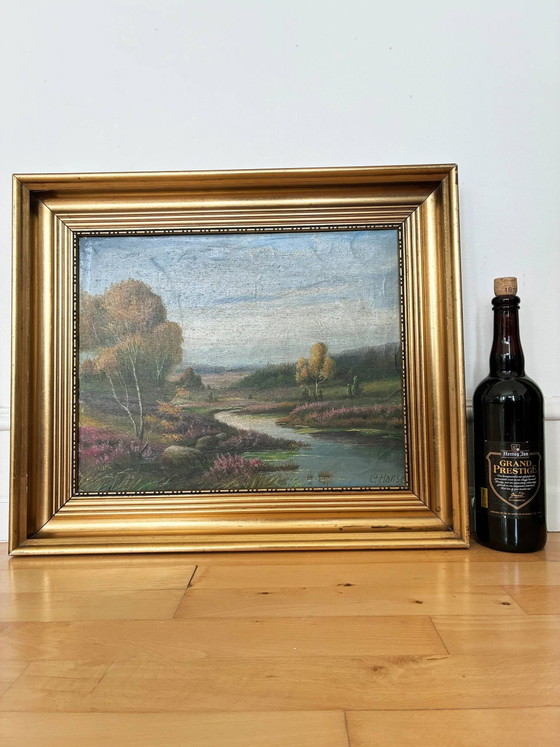 Image 1 of Peinture à l'huile originale vintage représentant un paysage de rivière