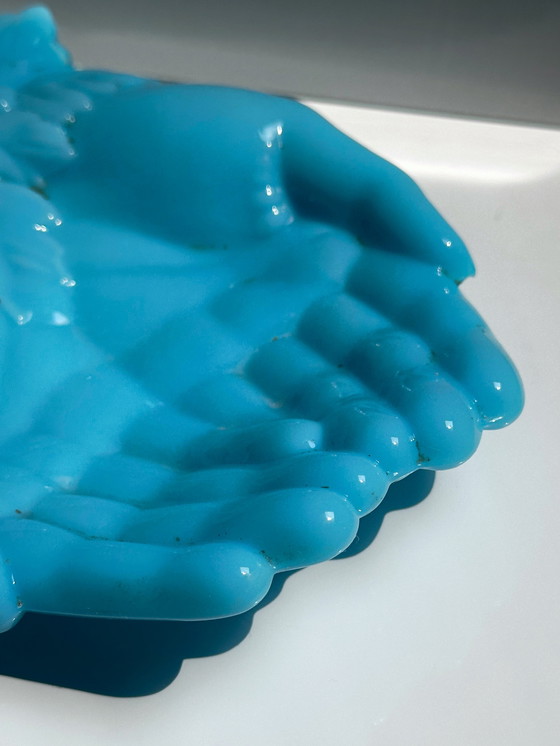 Image 1 of Vallérysthal Ciotola opalina Vide Poche Mani Vite Art Nouveau Vetro Opale Vetro Latte Blu Celeste 1900