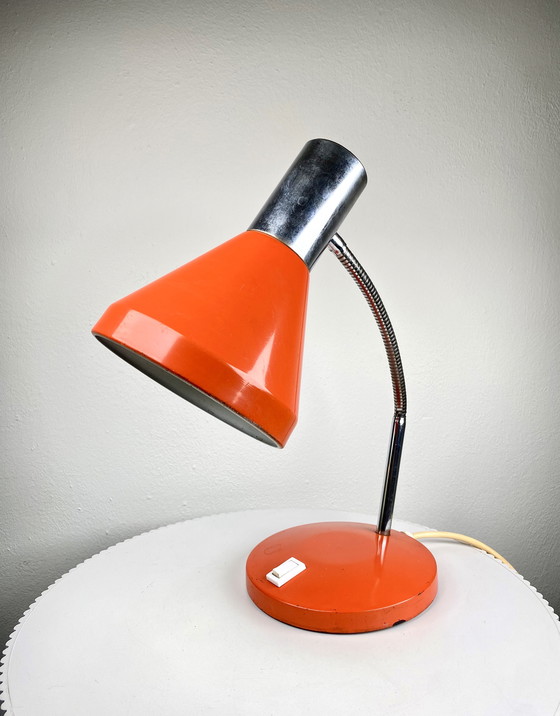 Image 1 of Vintage Orange Desk Lamp 1970s Design - Small Retro Tabletop Gooseneck Lamp