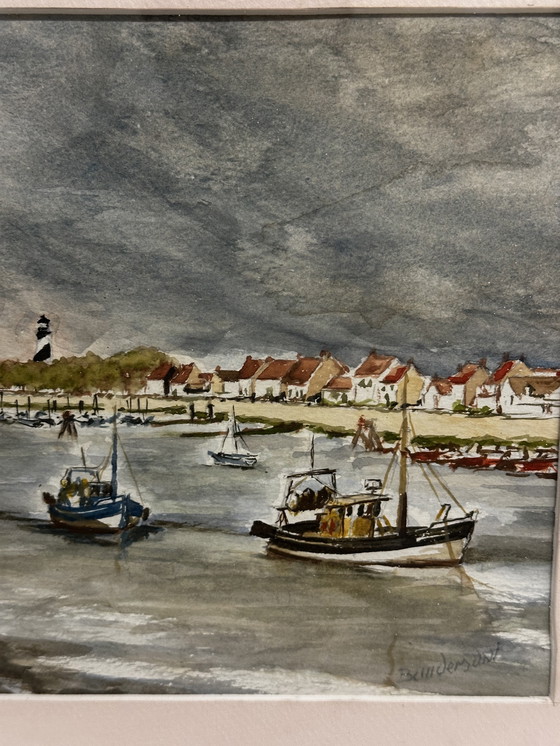 Image 1 of Pierre Baudemont - Aquarel Zeegezicht - Zicht op een haven