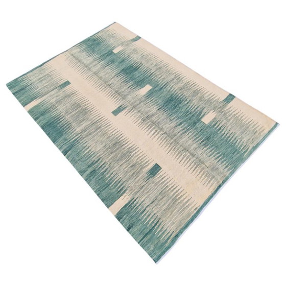 Handgeweven modern groen ikat kilim tapijt | Platgeweven | Hedendaags | 246 × 171 cm (97 × 67 inch) (photo 9 of 11)