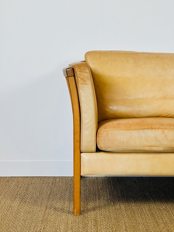 Image 1 of Vintage Scandinavian 2-seater sofa in beige leather and wood by Stouby, 1960s
