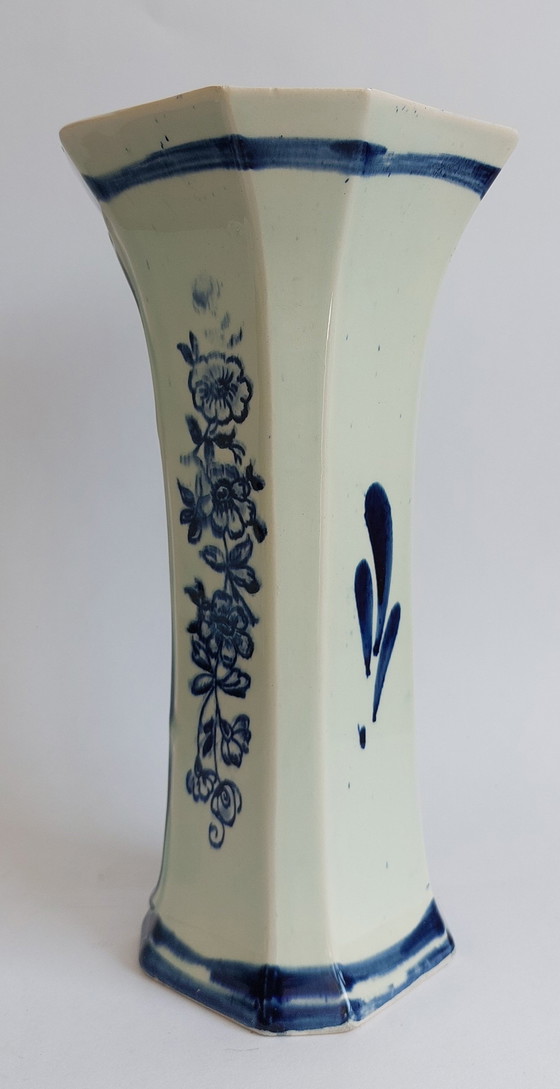 Image 1 of Delft hand painted blue and white pottery octagonal shaped vase 