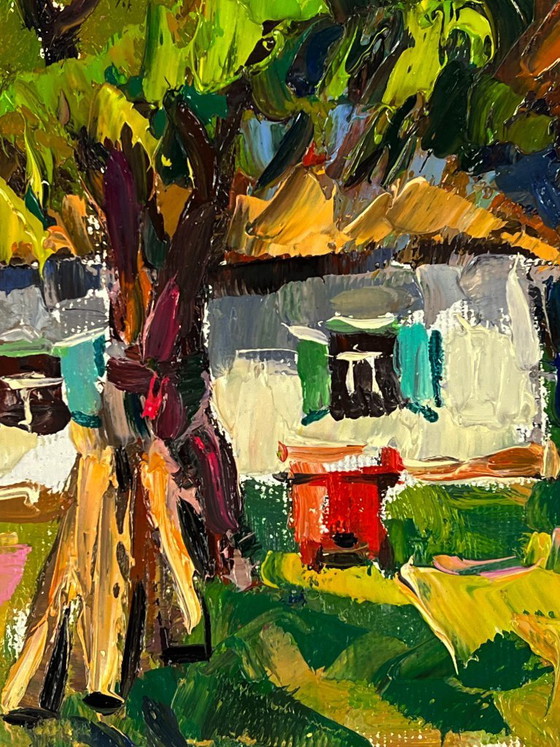 Image 1 of Origineel olieverfschilderij: Landelijk landschap, Huis, Het schoonmaken van de dorpstuin