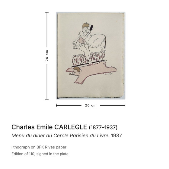 Image 1 of Charles Emile Carlegle, Dinermenu van de Parijse Boekenkring, lithografie, 1937