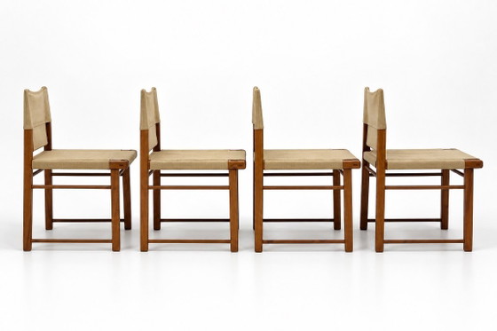 Lot de quatre chaises de salle à manger italiennes en bois avec revêtement en toile, années 1970 – Wood (photo 5 of 8)