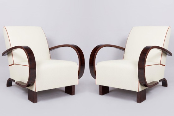 Een paar gerestaureerde art-deco fauteuils, walnoothout, leer, opnieuw gepolijst, Tsjechisch, jaren 1930 (photo 4 of 8)