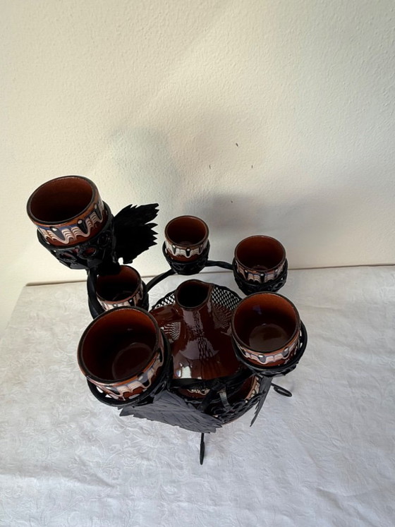 Juego de decantador de cerámica Troyan con soporte de hierro forjado, 6 tazas y cenicero. – Vasos y jarras (photo 4 of 13)