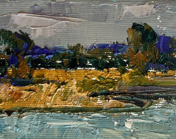 Image 1 of Original Oil Painting Gloomy River Landscape At the watering hole