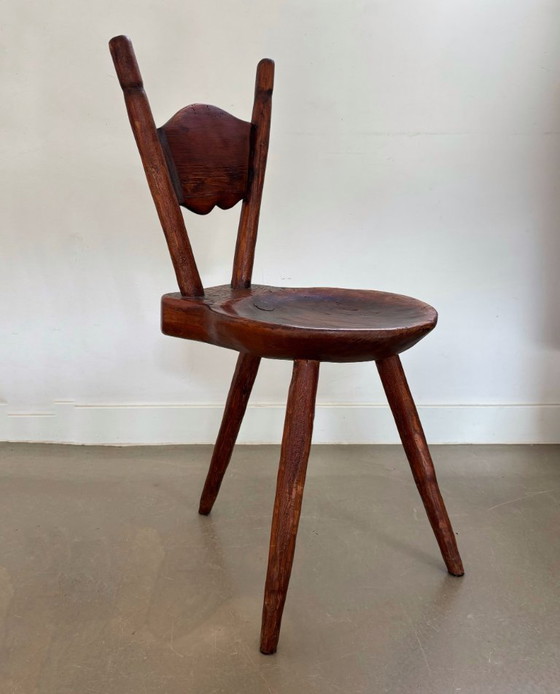 Image 1 of Antieke houten boerderij driepoot (bijzet)stoel, jaren 1900