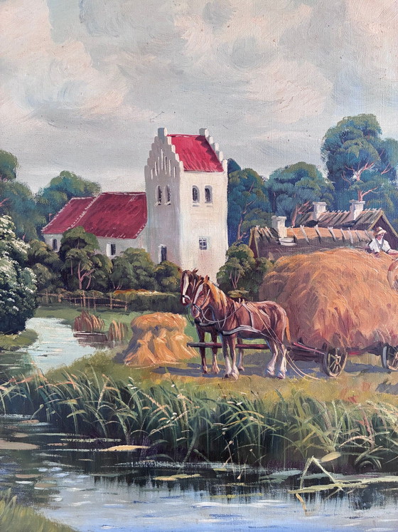 Image 1 of Peinture à l'huile originale vintage de grand paysage, signée, art champêtre