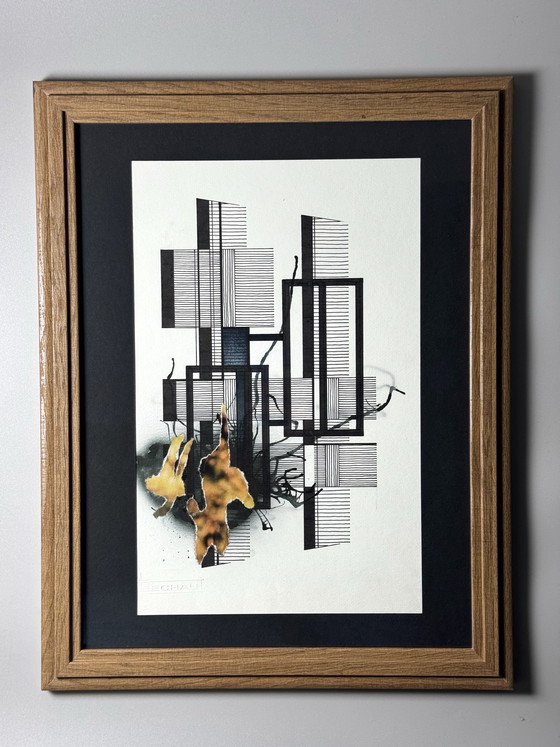 Image 1 of Eugène Eechaut (1928-2019) - ingelijste inktcompositie met collage, 1987