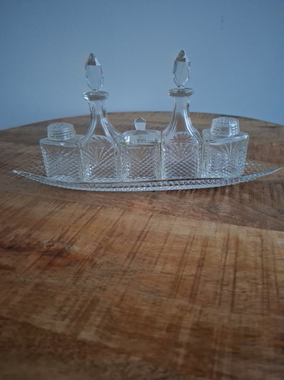 Set van 2 complete Unieke Art Deco Menagestellen / Olie- en Azijnsets – Jaren 30 – Tafelaccessoires, Glass (photo 3 of 4)