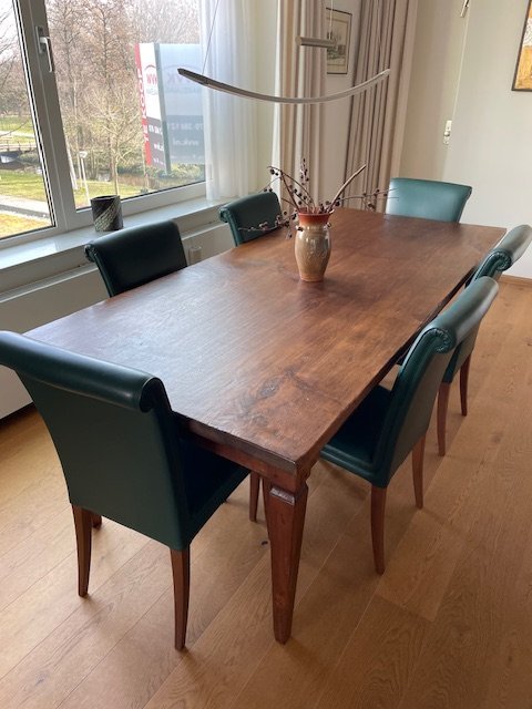 Teak Wood Dining Table With 6 Chairs in Green Leather Upholstery