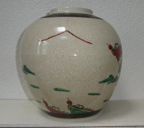 Vasi asiatici craquelé con decorazione di guerrieri, set di 3, Ceramica, Crema, Aziatisch (foto 4 di 15)