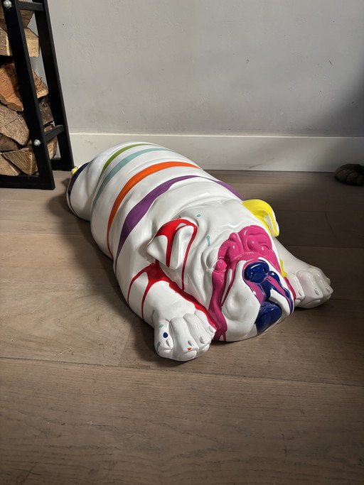 Multicolor reclining resin English Bulldog statue 90 cm