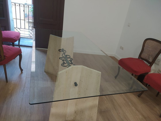 Image 1 of Elegant Glass and Travertine Table