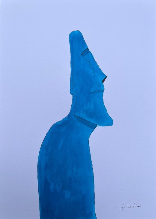 Encre de Chine turquoise sur papier blanc.  Format 30x21cm. Moai