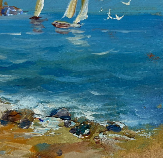 Image 1 of Origineel olieverfschilderij: Zomers zeegezicht, voorbereiding op een zeereis.