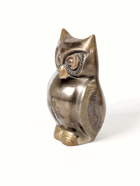 Image 1 of Statuetta vintage di gufo in metallo misto, ottone, bronzo, rame, artigianato indiano, anni '70