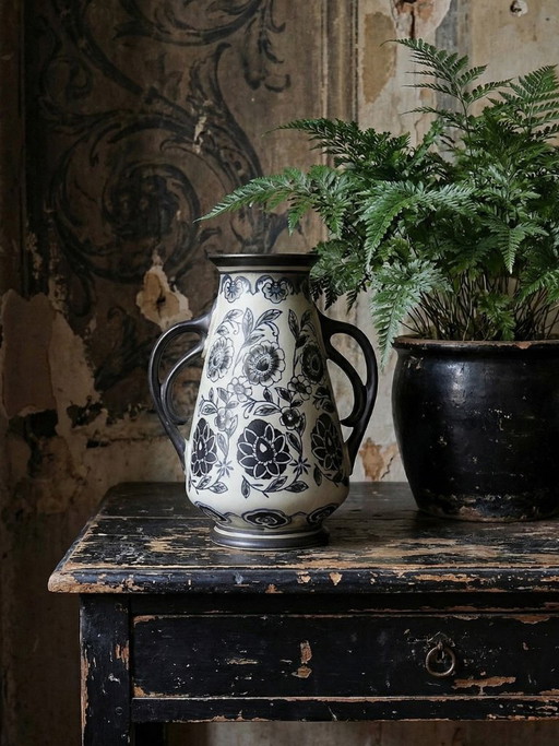 Antico vaso Art Déco 1920-40 in gres pregiato stile Art Nouveau decoro chinoiserie