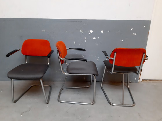 Image 1 of sedie con struttura tubolare in velluto arancione e twill grigio