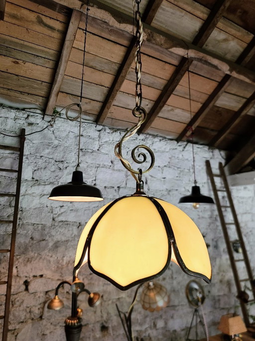 Lampada a sospensione floreale blu/verde in pâte de verre art nouveau