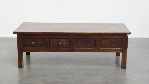 Antique French fruitwood coffee table with 5 drawers