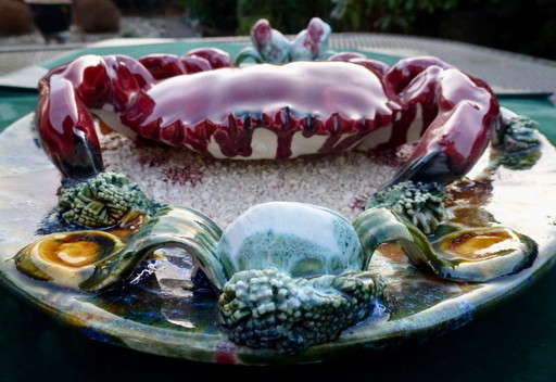 Vintage Collectible Majolica plate in Palissy style with crab.