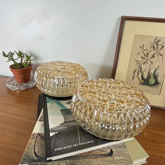 Paar vintage amberkleurig goudglas kleine bloem wand-/plafondlampen – Wandlampen (photo 2 of 8)