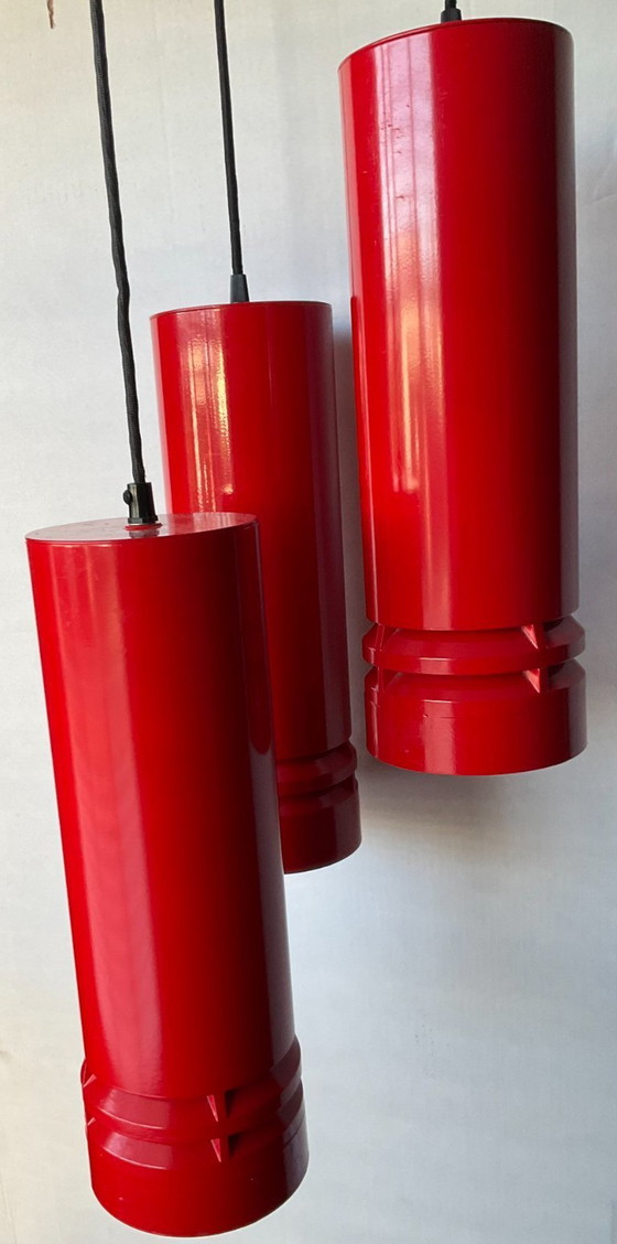 Image 1 of 3 lampade a sospensione rosse - "Pipeline P10" Design: Ole Pless Jorgensen