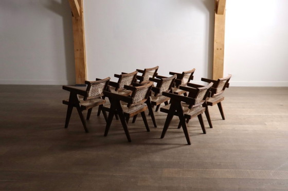 Set van 8 Pierre Jeanneret bureaustoelen van riet, India, jaren 1950. – Eetkamerstoelen, Wood (photo 7 of 20)