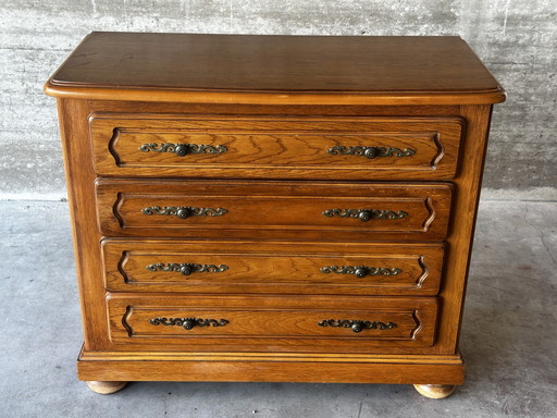 Vintage eikenhouten commode met 4 lades - honingkleurige patina – ladekasten, Wood, Metal