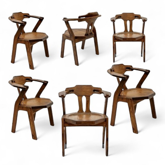 Image 1 of Set aus 6 brutalistischen Eichenholzsesseln, Stilikonen der 1970er Jahre