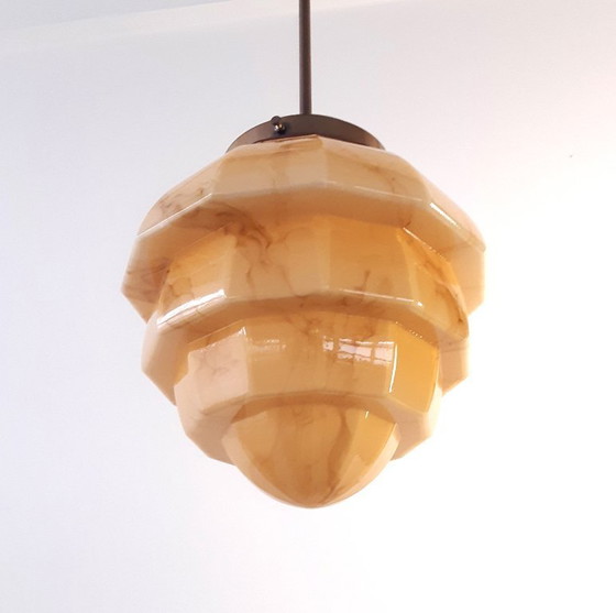 Image 1 of Art-Deco-Deckenleuchte, bernsteinfarbene Marmor-Herda-Pendelleuchte