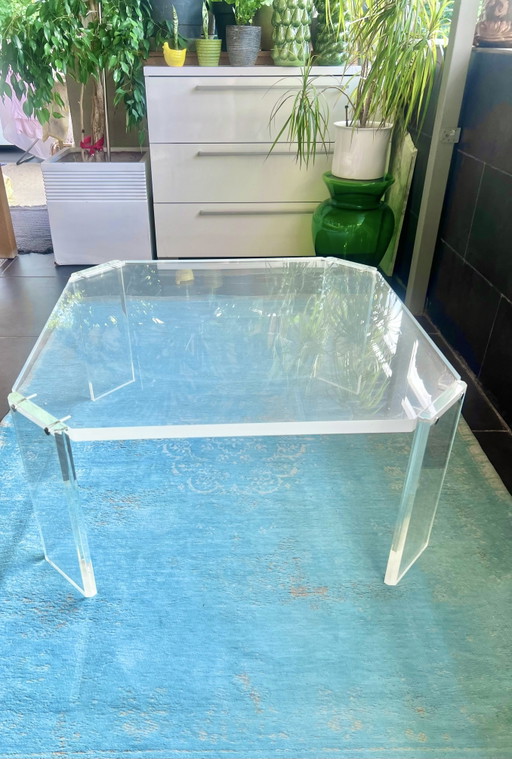Mesa de centro octogonal de plexiglás de 80 cm, estilo Bauhaus de la era espacial de los años 70, fabricada en cristal