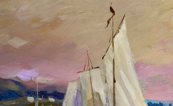 Image 1 of Original Oil Painting Evening Coastal Landscape Scarlet Sunset on the Ferry