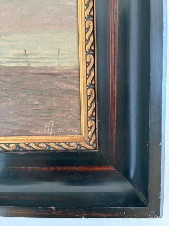 Image 1 of Peinture à l'huile originale vintage représentant une marine, signée, art de plage