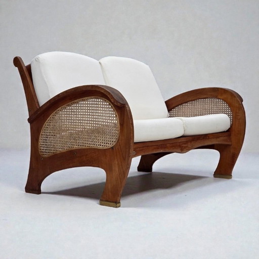 Anni '70, divano danese a 2 posti di Klaus Wettergren, tessuto di cotone, rete per mobili, legno di teak.