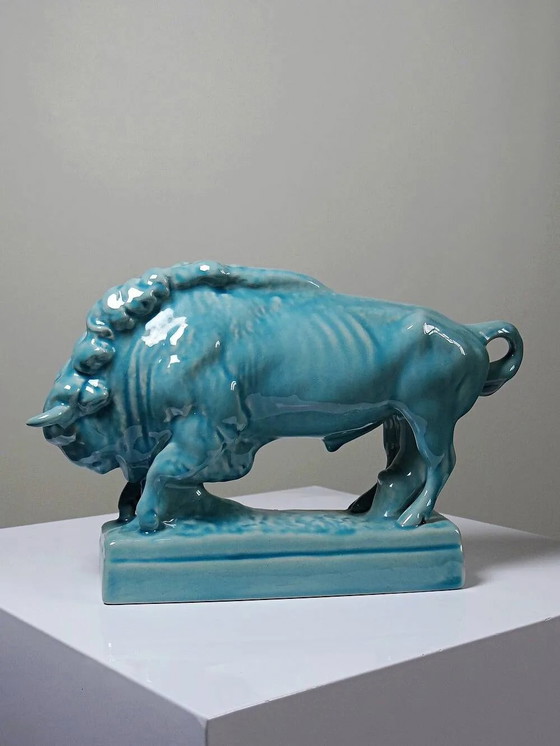 Bisonte Zsolnay in maiolica smaltata turchese, Ungheria, anni '40-'50. – Oggetti decorativi, Porcellana (photo 15 of 15)