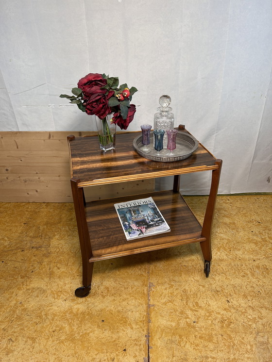 Image 1 of Mid-Century Retro Vintage Walnut Two-Tier Serving Trolley by Morris of Glasgow 1960
