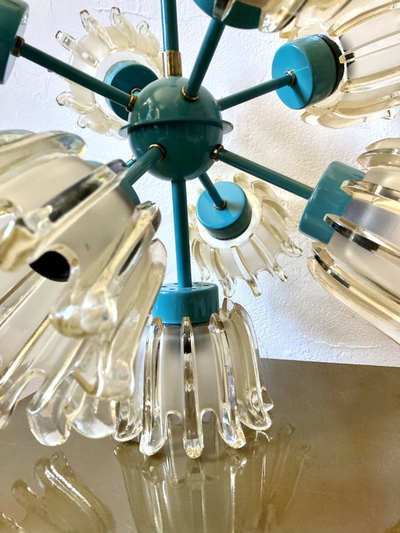 Image 1 of Large 9-light chandelier in molded glass and turquoise metal, Leclaire & Schäfer – 1960s