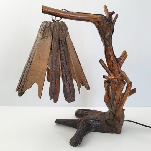 Vintage 1970s Brutalist Organic Plant-Based Carved Wood Table Lamp