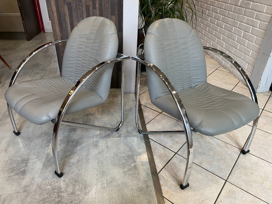 Image 1 of Pareja de sillones plegables Souvignet en cuero cromado gris, 1980